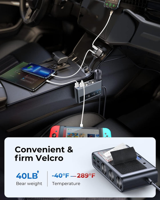 9 in 1 Cigarette Lighter Splitter,  210W Cigarette Lighter Adapter with PD/QC 3.0 * 2 Charge(3.3Ft Cable), 12V/24V Independent Switches DC Cigarette Outlet Car Charger for All Car Devices