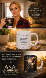 Durrett Recovery Tow Truck Night Shift Mug featuring Psalm 30:5 with a crying woman, symbolizing hope through tough nights.