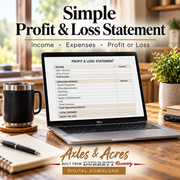Durrett Recovery Simple Profit & Loss Statement tracker sheet with financial data and categories for business income and expenses.