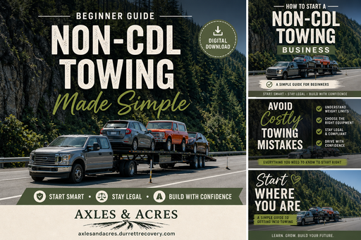 Cover image of "Start a Non-CDL Towing Business" guide by Durrett Recovery, featuring towing equipment and business startup tips.