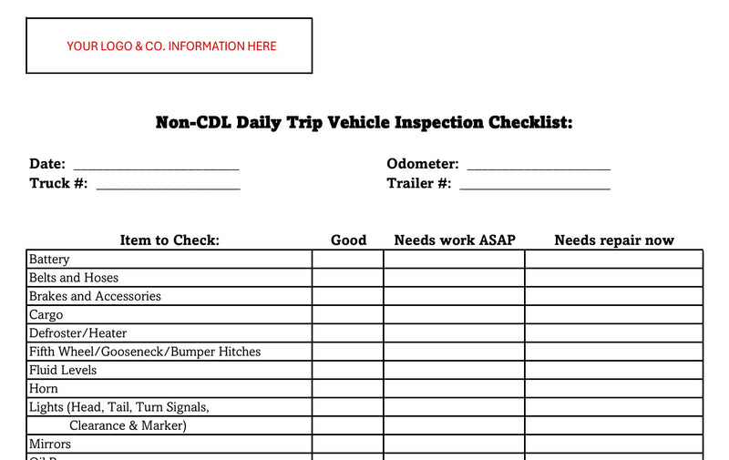 Non CDL Trip Inspection Sheet (Checklist)