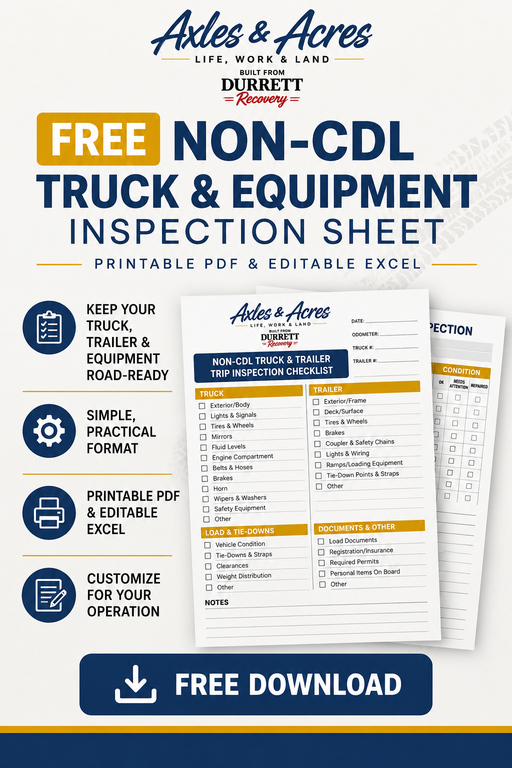 Durrett Recovery free non-CDL truck inspection checklist poster with detailed trip inspection steps and safety guidelines