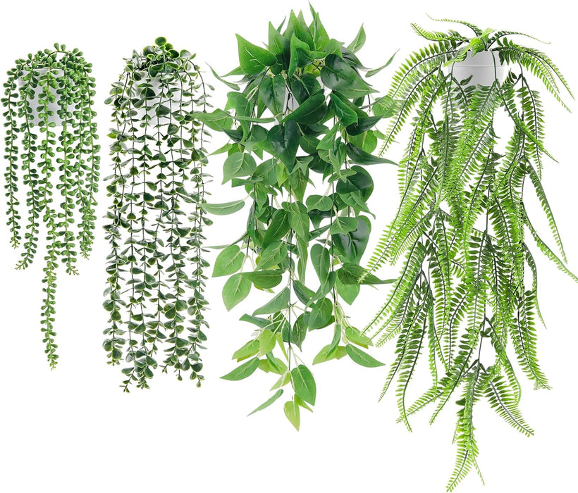 4Pcs Fake Plants Hanging Artificial Ivy Vine Faux Eucalyptus Hanging Plants, Boston Fern, String of Pearls for Living Room Bedroom Boho Wall Shelf Indoor Outdoor Decor