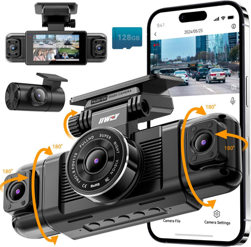 N5 4 Channel Dash Cam 360° View, 1080P Front and Rear Inside, Left Right Dash Camera for Cars, 8 IR Lamps Night Vision, 5G Wifi & APP Control, G-Sensor, Parking Mode, with a Free 128GB SD Card