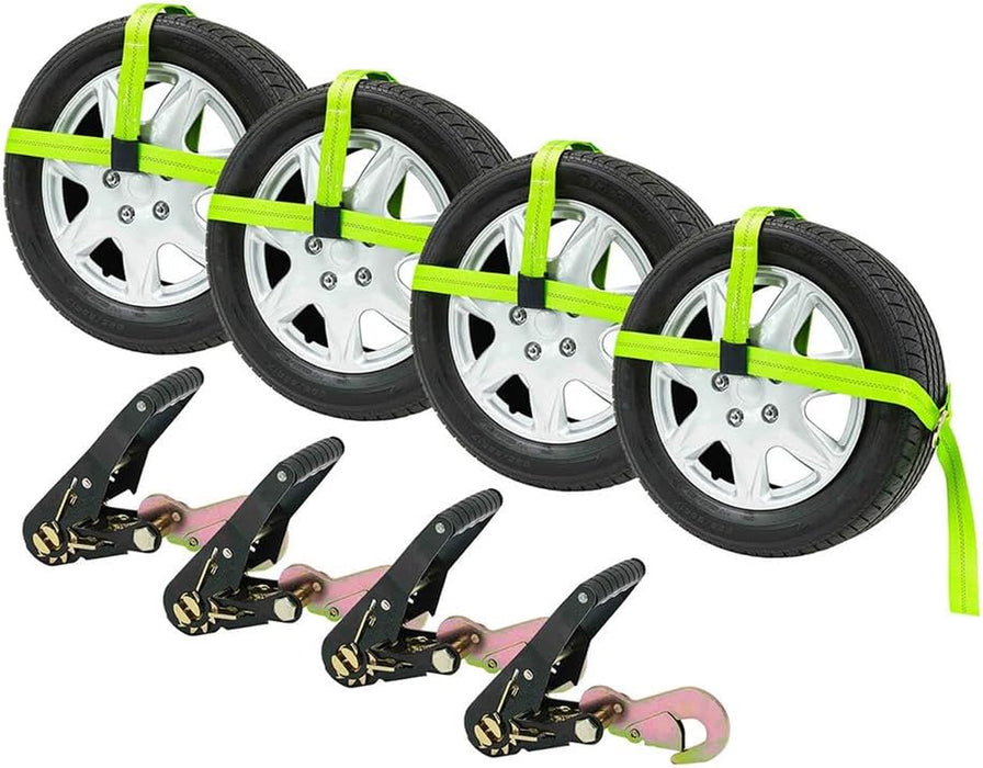 (4 Pack 2"X144" Car Tie down Straps W/Ratchet Snap Hooks & 33" over the Wheel Tire Straps - 3,333 LBS WLL Heavy Duty Tire Straps for Car Trailer - High Visibility Green Webbing