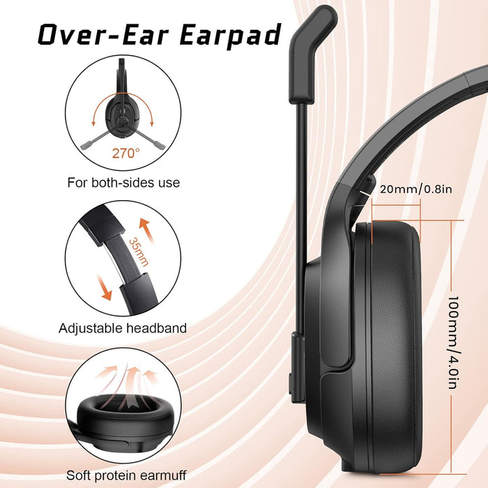 Noise Cancelling Trucker Bluetooth Headset with Microphone Wireless Ai-Powered ENC Headphones, 99Ft Long Range, 30H of Talk Time, All-Day Comfort on Ear Headsets Mute Button