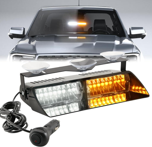 Amber/White LED Dash Emergency Strobe Light for Trucks Vehicles, 16 Leds 12V Interior Windshield Visor Deck Hazard Flashing Safety Warning Lights Bar for Police Firefighter Law Enforcement