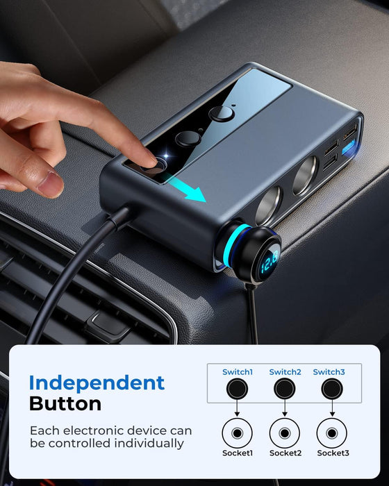 9 in 1 Cigarette Lighter Splitter,  210W Cigarette Lighter Adapter with PD/QC 3.0 * 2 Charge(3.3Ft Cable), 12V/24V Independent Switches DC Cigarette Outlet Car Charger for All Car Devices