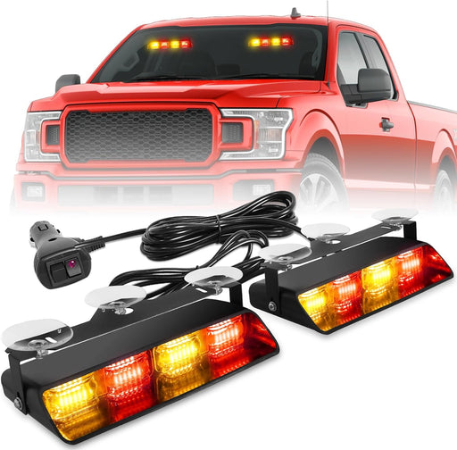 2002L Emergency Dash Strobe Lights: Amber White Safety Lights, Flashing Warning Hazard Windshield Visor Traffic Light Bars for Trucks, Construction Vehicles (2X8.5 Inch, 48LED)