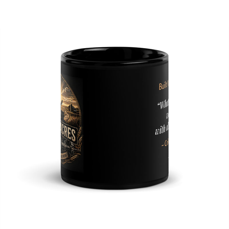 Black glossy Durrett Recovery mug with "Work With All Your Heart" message, 11 oz, front view.