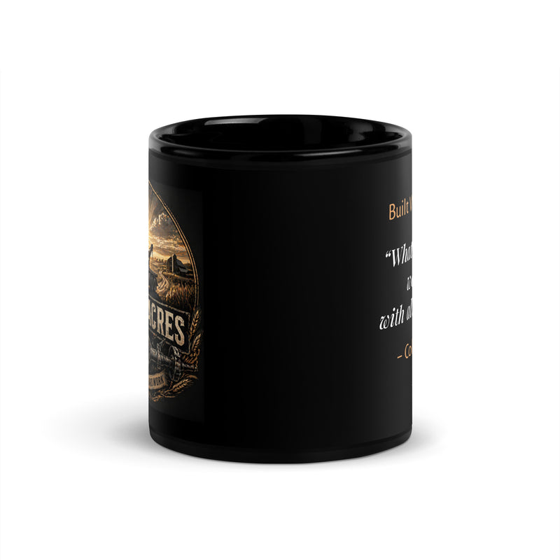 Black glossy Durrett Recovery "Work With All Your Heart" mug with 11 oz capacity, front view showing text design.
