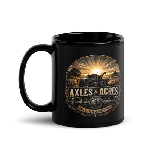 Black glossy Durrett Recovery "Work With All Your Heart" mug with a left-side handle, 11 oz capacity, and a sleek finish.