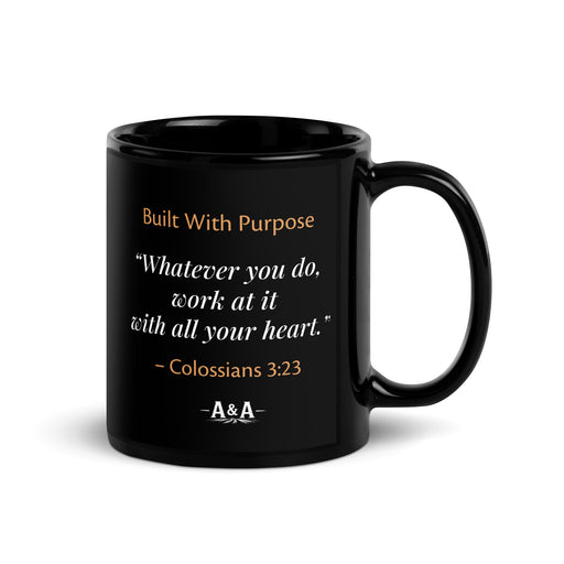 Black glossy Durrett Recovery "Work With All Your Heart" mug, 11 oz with handle on right, perfect for inspiring coffee moments.