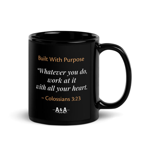 Black glossy Durrett Recovery "Work With All Your Heart" mug with a handle on the right, 11 oz ceramic drinkware.