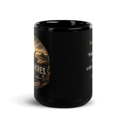 Durrett Recovery black glossy 15 oz mug with "Work With All Your Heart" printed on front, ideal for coffee or tea.