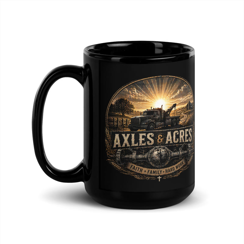 Black glossy Durrett Recovery "Work With All Your Heart" 15 oz mug with handle on the left.