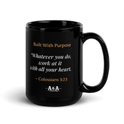 Black glossy Durrett Recovery mug with "Work With All Your Heart" text, 15 oz, with handle on the right side.