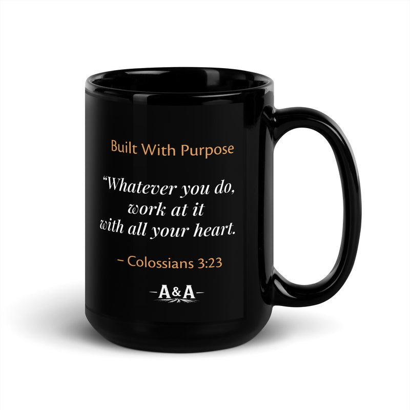 Black glossy Durrett Recovery mug with "Work With All Your Heart" text, 15 oz, with handle on the right side.