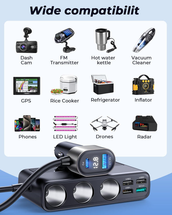9 in 1 Cigarette Lighter Splitter,  210W Cigarette Lighter Adapter with PD/QC 3.0 * 2 Charge(3.3Ft Cable), 12V/24V Independent Switches DC Cigarette Outlet Car Charger for All Car Devices