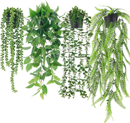 4Pcs Fake Plants Hanging Artificial Ivy Vine Faux Eucalyptus Hanging Plants, Boston Fern, String of Pearls for Living Room Bedroom Boho Wall Shelf Indoor Outdoor Decor