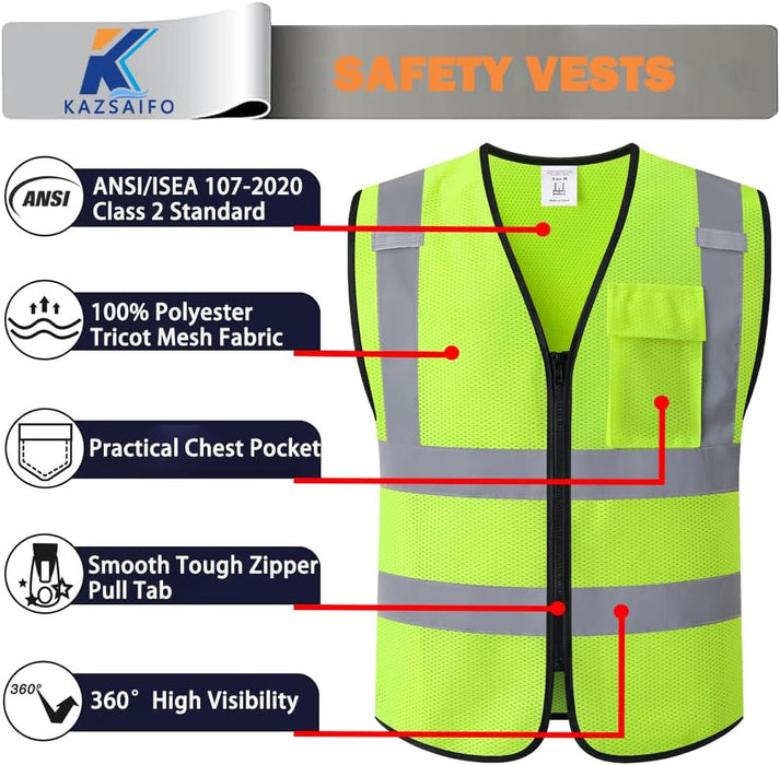 Hi Vis Reflective Safety Vest for Men Women with Chest Pocket Mesh High Visibility Class 2 Construction Vest,Meets ANSI/ISEA Standard(Kz179-Yellow-L)