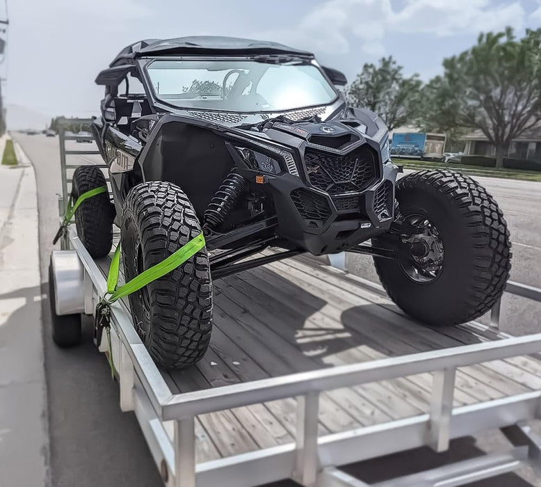 (4 Pack 2"X144" Car Tie down Straps W/Ratchet Snap Hooks & 33" over the Wheel Tire Straps - 3,333 LBS WLL Heavy Duty Tire Straps for Car Trailer - High Visibility Green Webbing