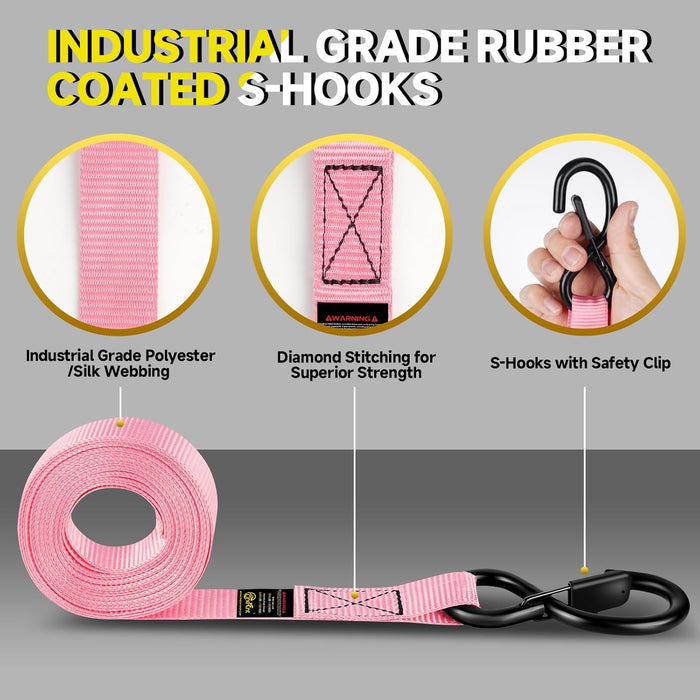 Ultimate Heavy-Duty 4-Piece Pink Ratchet Tie Down Straps Kit - 2400Lb Break Strength, 1" x 16FT with Soft Loops & Safety S Hooks for Securely Transporting Trucks, Motorcycles, and More!