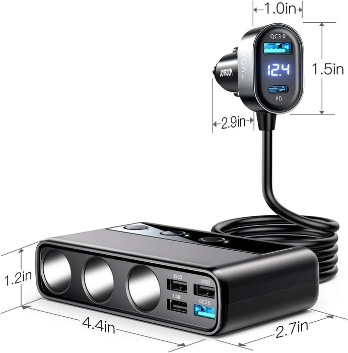 9 in 1 Cigarette Lighter Splitter,  210W Cigarette Lighter Adapter with PD/QC 3.0 * 2 Charge(3.3Ft Cable), 12V/24V Independent Switches DC Cigarette Outlet Car Charger for All Car Devices