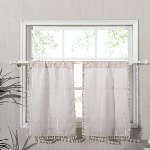 Tan Rustic Farmhouse Linen Kitchen Curtains 36 Inch Length Country Cottage Vintage Chic Tassel Short Cafe Curtains for Small Windows