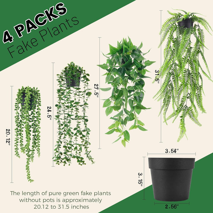 4Pcs Fake Plants Hanging Artificial Ivy Vine Faux Eucalyptus Hanging Plants, Boston Fern, String of Pearls for Living Room Bedroom Boho Wall Shelf Indoor Outdoor Decor