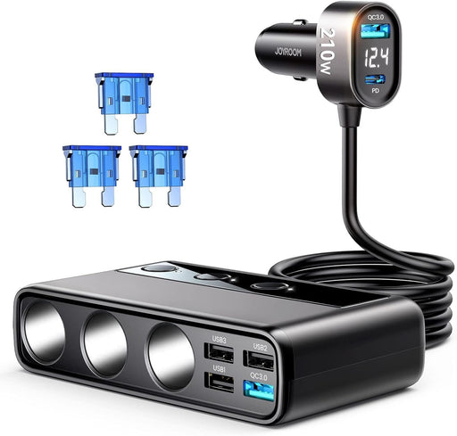 9 in 1 Cigarette Lighter Splitter,  210W Cigarette Lighter Adapter with PD/QC 3.0 * 2 Charge(3.3Ft Cable), 12V/24V Independent Switches DC Cigarette Outlet Car Charger for All Car Devices