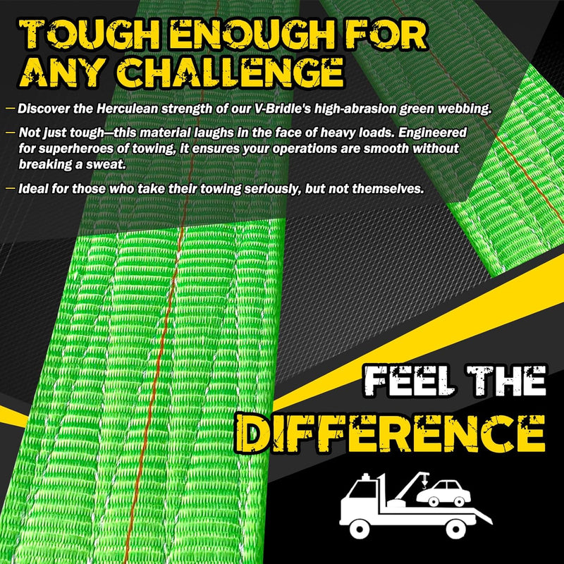 V Bridle Tow Strap W/ 15'' J & T-J Hooks | 3" X 36'' Recovery V-Strap, Hi VIZ Green Webbing, 5400Lbs WLL | Heavy Duty Tow Straps W/Reinforced Webbing for Towing, Car Hauler, Wrecker, Rollback