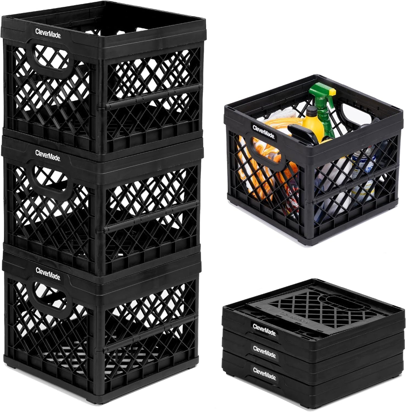 Collapsible Milk Crate, Obsidian, 1PK - 25L (6 Gal) Stackable Storage Bins, Holds 50Lbs per Bin - Clevercrates Are Heavy Duty, Plastic Collapsible Storage Crate for Multi Purposes