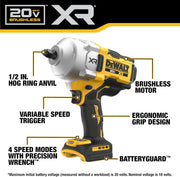 20V MAX Cordless Impact Wrench, 1/2" Hog Ring, High Torque, Brushless, Bare Tool Only (DCF961B)