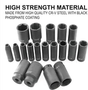 19Pcs 1/2" Impact Socket Set, 6-Point Deep Socket, Cr-V Steel, 3/8 Inch - 1-1/2 Inch