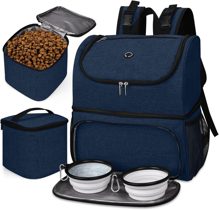 Pet Travel Bag, Double-Layer Pet Supplies Backpack (For All Pet Travel Supplies), Pet Travel Backpack with 2 Silicone Collapsible Bowls and 2 Food Baskets Grey