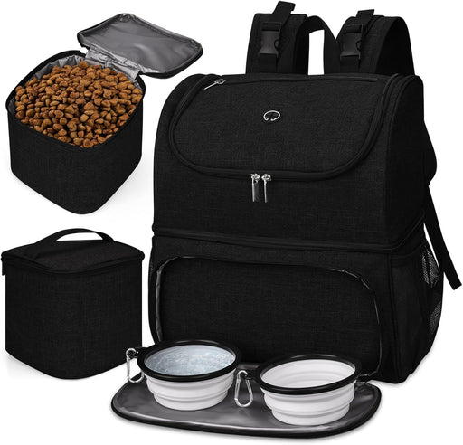 Pet Travel Bag, Double-Layer Pet Supplies Backpack (For All Pet Travel Supplies), Pet Travel Backpack with 2 Silicone Collapsible Bowls and 2 Food Baskets Grey