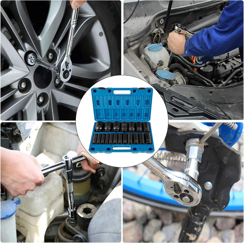 Impact Socket Set 1/2 Inches 19 Piece, Deep Socket, 6-Point Sockets, Rugged Construction, Cr-V, 1/2 Inches Drive Socket Set Impact 3/8 Inch - 1-1/2 Inch, with a Storage Cage