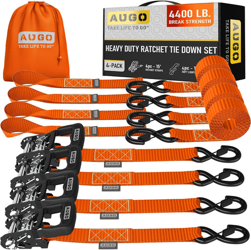 Ratchet Straps Heavy Duty 4 Pack -15 FT - 2200 LB Break Strength – with Safety Lock S Hooks - Cargo Straps for Moving, Appliances, Motorcycle – Soft Loop Tie down Straps