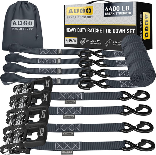 Ratchet Straps Heavy Duty 4 Pack -15 FT - 2200 LB Break Strength – with Safety Lock S Hooks - Cargo Straps for Moving, Appliances, Motorcycle – Soft Loop Tie down Straps
