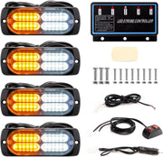 "Ultra Slim LED Emergency Strobe Lights - 8-Pcs Sync Feature for Trucks, Vehicles, Construction - Amber/White"
