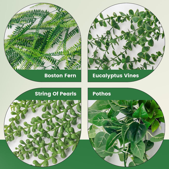 4Pcs Fake Plants Hanging Artificial Ivy Vine Faux Eucalyptus Hanging Plants, Boston Fern, String of Pearls for Living Room Bedroom Boho Wall Shelf Indoor Outdoor Decor