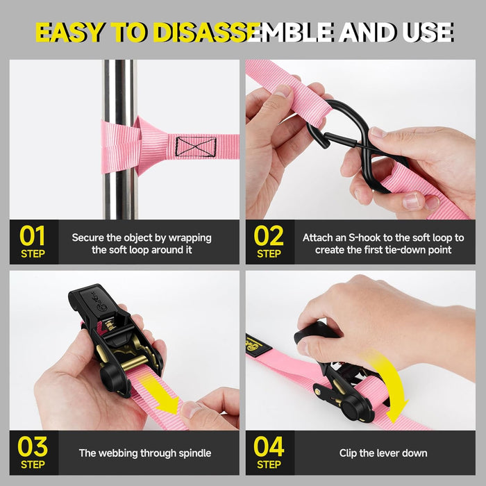 Ultimate Heavy-Duty 4-Piece Pink Ratchet Tie Down Straps Kit - 2400Lb Break Strength, 1" x 16FT with Soft Loops & Safety S Hooks for Securely Transporting Trucks, Motorcycles, and More!