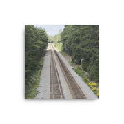 Durrett Recovery Railroad Tracks canvas wall art, 12x12 inch print featuring detailed railway track design on a thin canvas.
