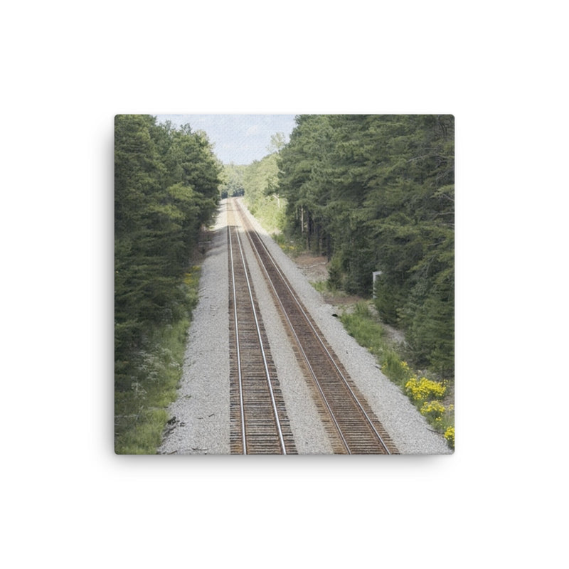 Durrett Recovery Railroad Tracks canvas wall art, 12x12 inch print featuring detailed railway track design on a thin canvas.