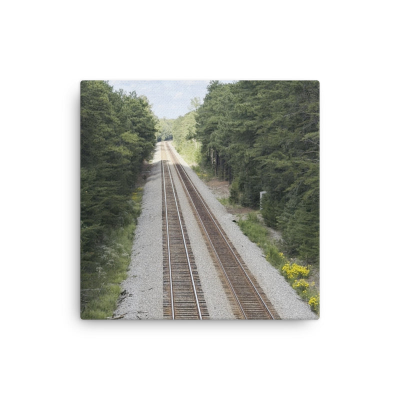 Durrett Recovery Railroad Tracks Canvas Wall Art, 16x16 inch print featuring a scenic railway track design on a thin canvas.