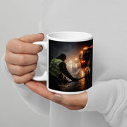 White 11 oz Durrett Recovery tow truck night shift mug with handle on the left, featuring Psalm 30:5 design on glossy surface.