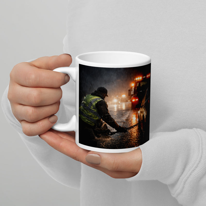 White 11 oz Durrett Recovery tow truck night shift mug with handle on the left, featuring Psalm 30:5 design on glossy surface.