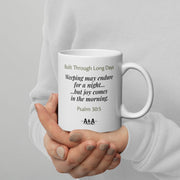 White glossy Durrett Recovery tow truck night shift mug with handle on the right, featuring Psalm 30:5 inscription.