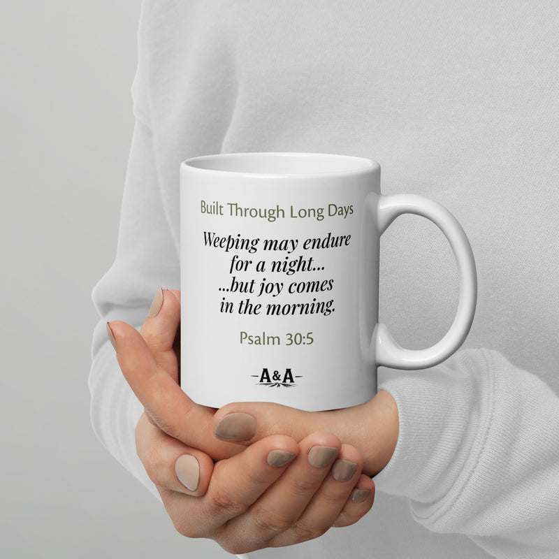 White glossy Durrett Recovery tow truck night shift mug with handle on the right, featuring Psalm 30:5 inscription.